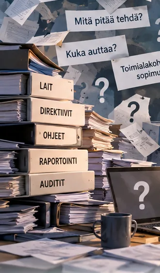 Pöydällä kansiopinot: lait, direktiivit, ohjeet, raportointi ja auditit, sekä kannettava, jonka näytöllä on kysymysmerkki.