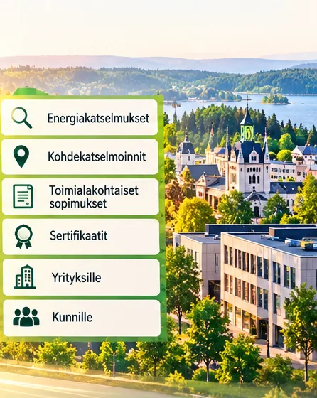Viittalista: energiakatselmukset, kohdekatselmoinnit, toimialakohtaiset sopimukset, sertifikaatit, yrityksille ja kunnille, taustalla järvi ja kaupunki.