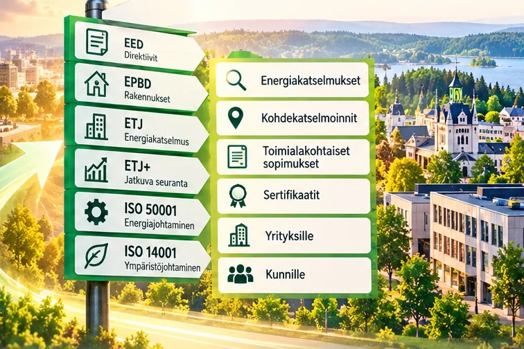 Opastekyltti, jonka viitoissa lukee EED, EPBD, ETJ, ETJ+, ISO 50001 ja ISO 14001 sekä energiakatselmukset, kohdekatselmoinnit, toimialakohtaiset sopimukset, sertifikaatit, yrityksille ja kunnille.